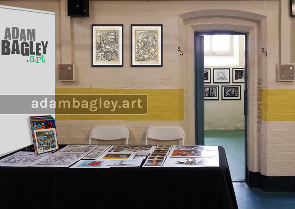 This image depicts the Adam Bagley Art exhibition table set-up inside HMP Shrewsbury, as part of the international comic art festival Comics Salopia in 2019.
