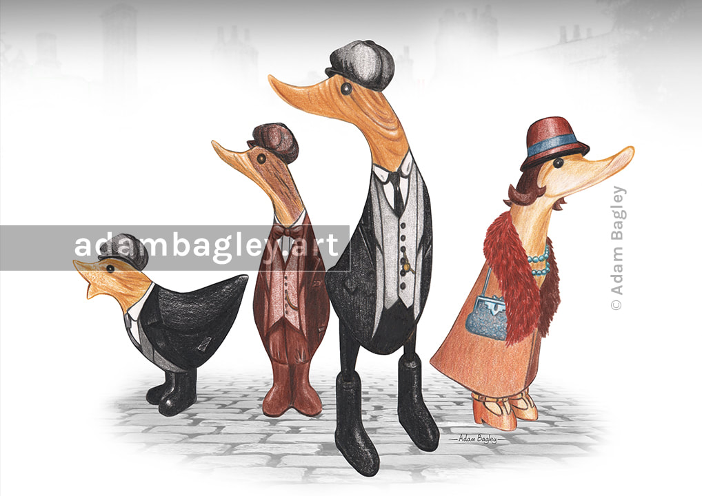 This is an image of a colour pencil crayon illustration by artist Adam Bagley, depicting a scene inspired by the BBC television series Peaky Blinders and DCUK wooden duck ornaments.