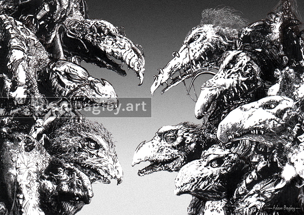 This image shows a traditional hand-drawn pen and ink illustration of the evil Skeksis characters from The Dark Crystal movie and The Dark Crystal: Age of Resistance Netflix television series by The Jim Henson Company.